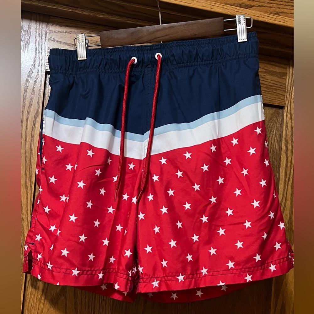 Amazon Red and Blue Star Swim Trunks